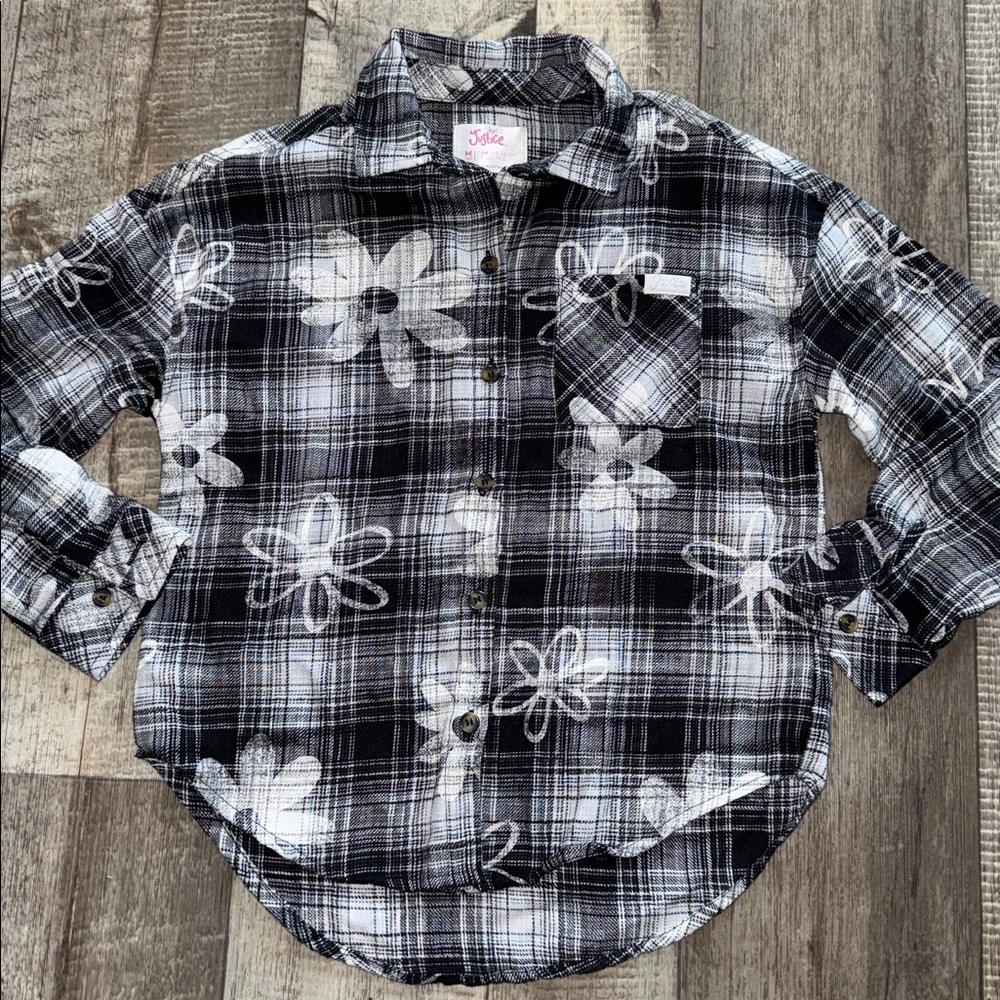 JUSTICE Black & White Plaid Button Down Shirt- size 10